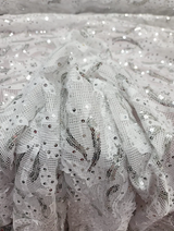 Embroidered Sequin Lace Fabric White Silver