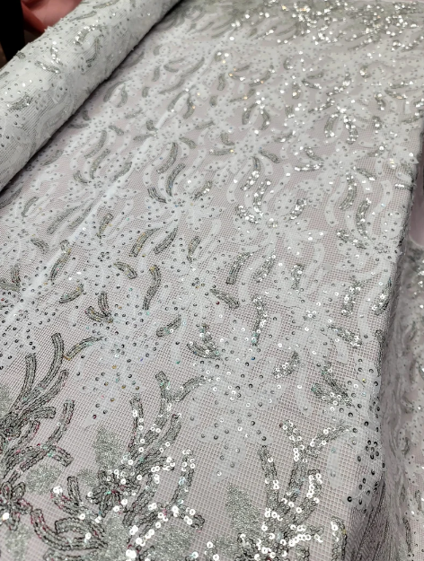 Embroidered Sequin Lace Fabric White Silver