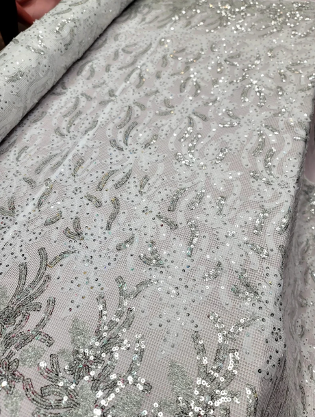 Embroidered Sequin Lace Fabric White Silver