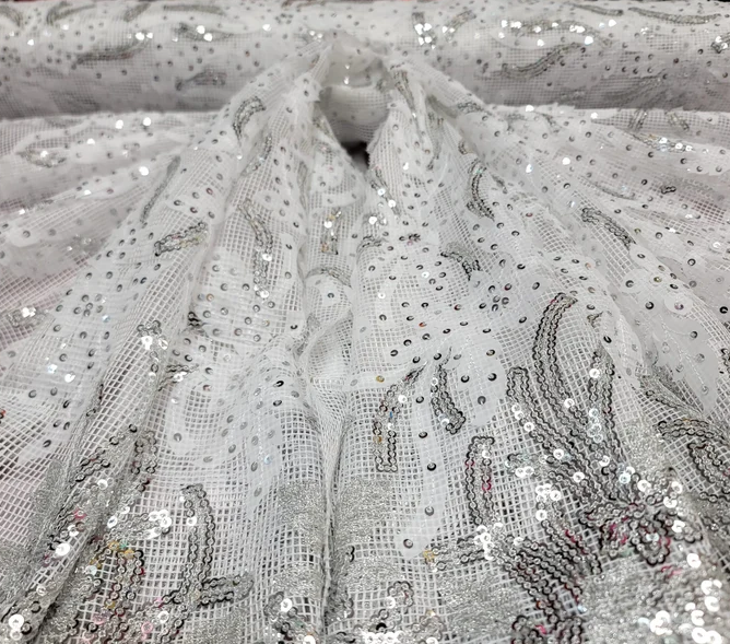 Embroidered Sequin Lace Fabric White Silver