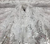 Embroidered Sequin Lace Fabric White Silver