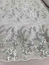 Embroidered Sequin Lace Fabric White Silver