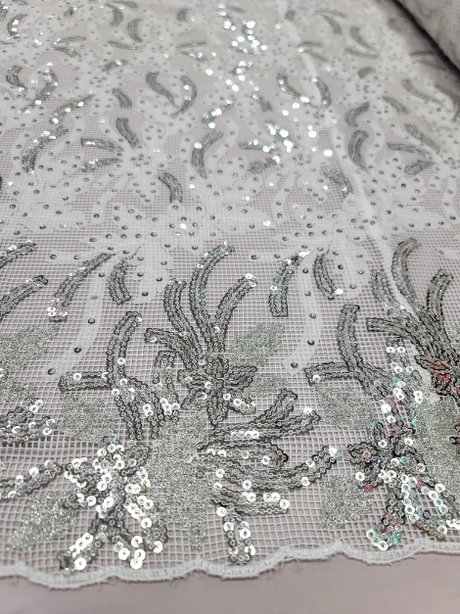 Embroidered Sequin Lace Fabric White Silver