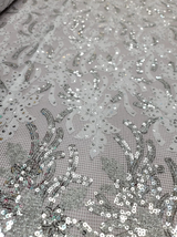 Embroidered Sequin Lace Fabric White Silver