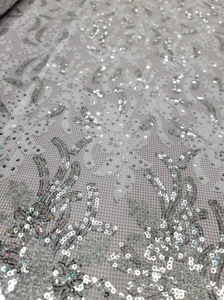 Embroidered Sequin Lace Fabric White Silver