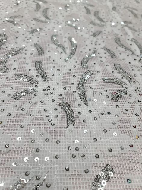Embroidered Sequin Lace Fabric White Silver