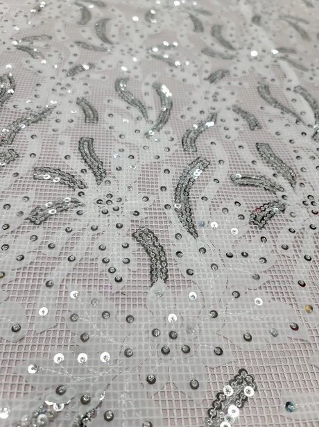 Embroidered Sequin Lace Fabric White Silver