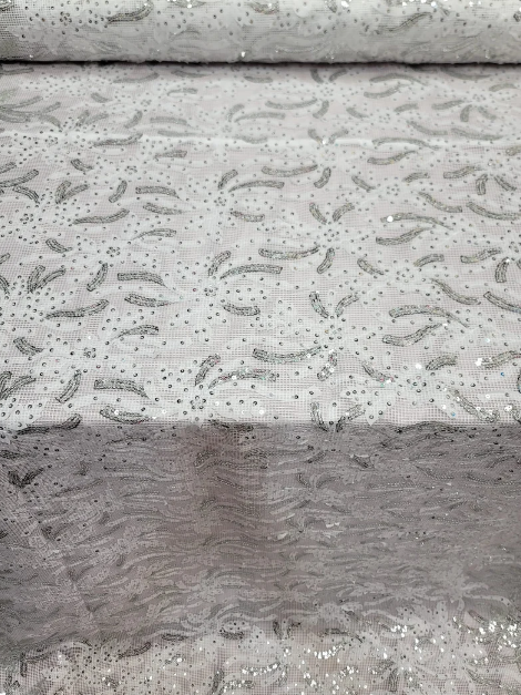 Embroidered Sequin Lace Fabric White Silver