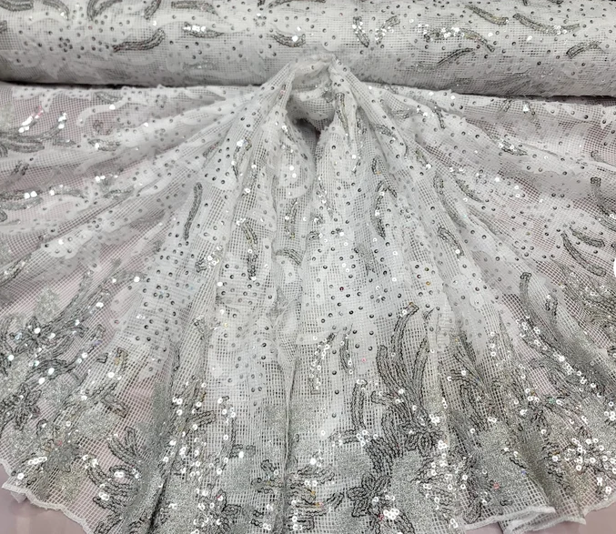 Embroidered Sequin Lace Fabric White Silver