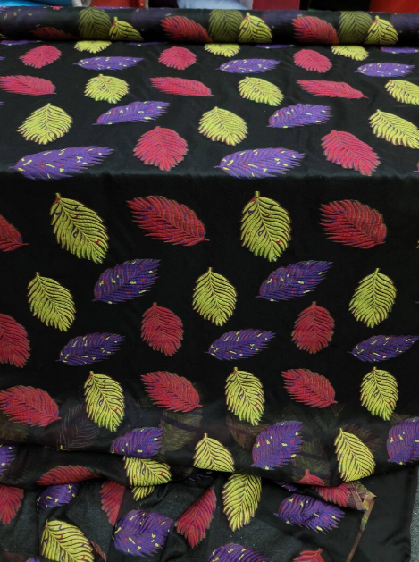 Brocade Organza Fabric Multicolor Leaves on Black