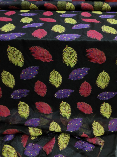 Brocade Organza Fabric Multicolor Leaves on Black