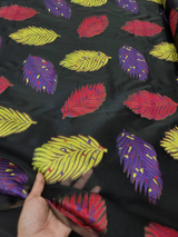 Brocade Organza Fabric Multicolor Leaves on Black
