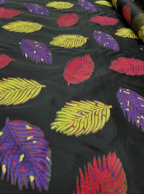 Brocade Organza Fabric Multicolor Leaves on Black