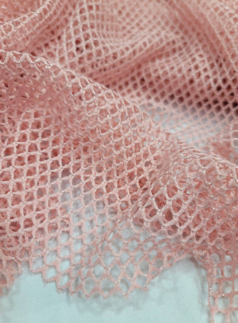 Embroidered Fish Net Silver Mylar Fabric Blush Pink