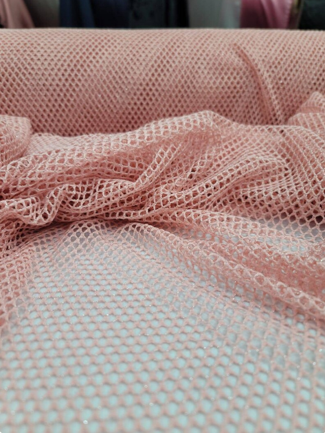 Embroidered Fish Net Silver Mylar Fabric Blush Pink