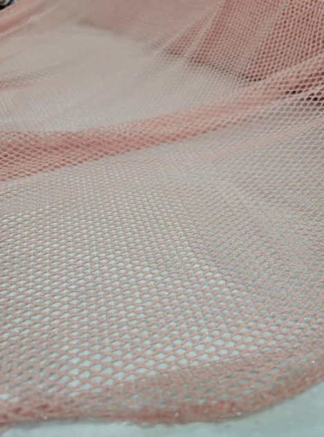 Embroidered Fish Net Silver Mylar Fabric Blush Pink
