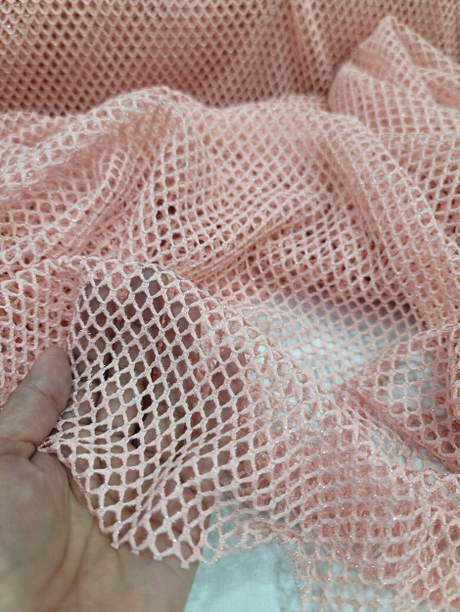 Embroidered Fish Net Silver Mylar Fabric Blush Pink