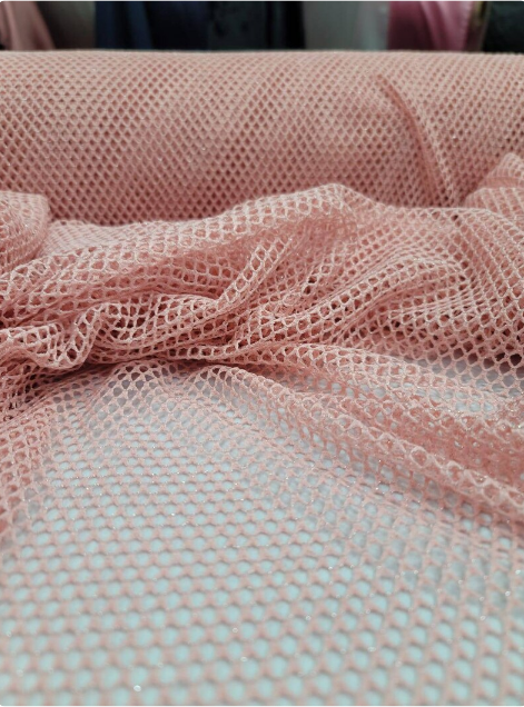 Embroidered Fish Net Silver Mylar Fabric Blush Pink