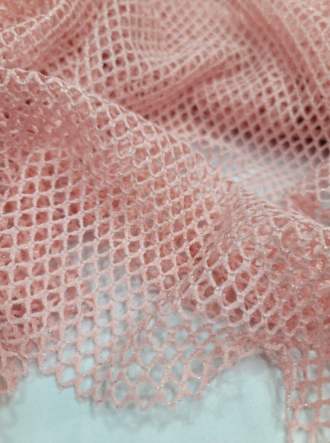 Embroidered Fish Net Silver Mylar Fabric Blush Pink