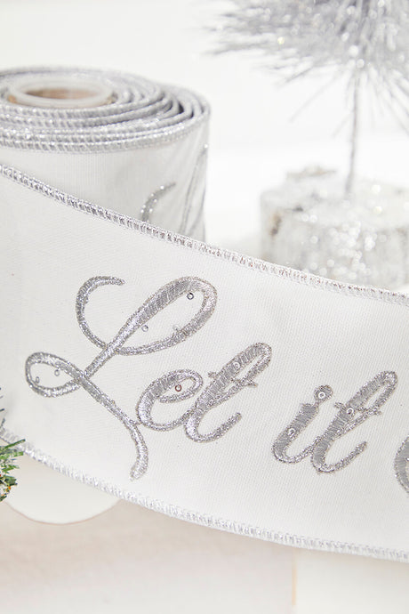 4" x 5 Yard Let It Snow White Embroidered Ribbon