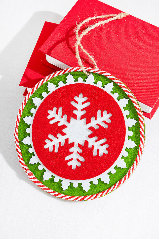 8" Red and White and Green Snowflake Ornament