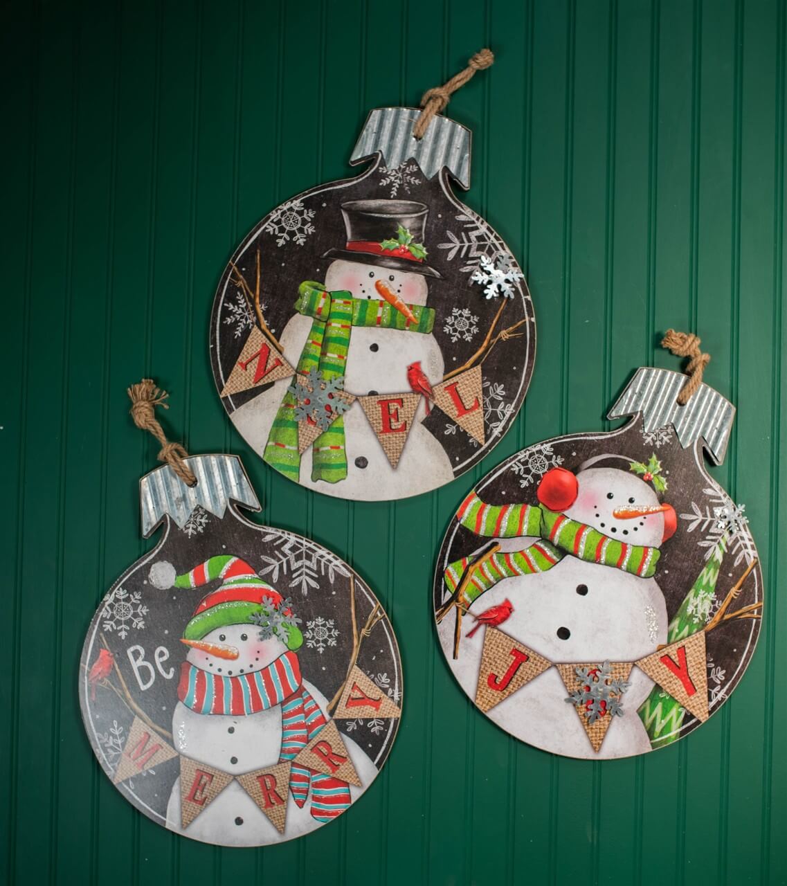 18.9” Wood and Metal Snowman Ornament Plaque