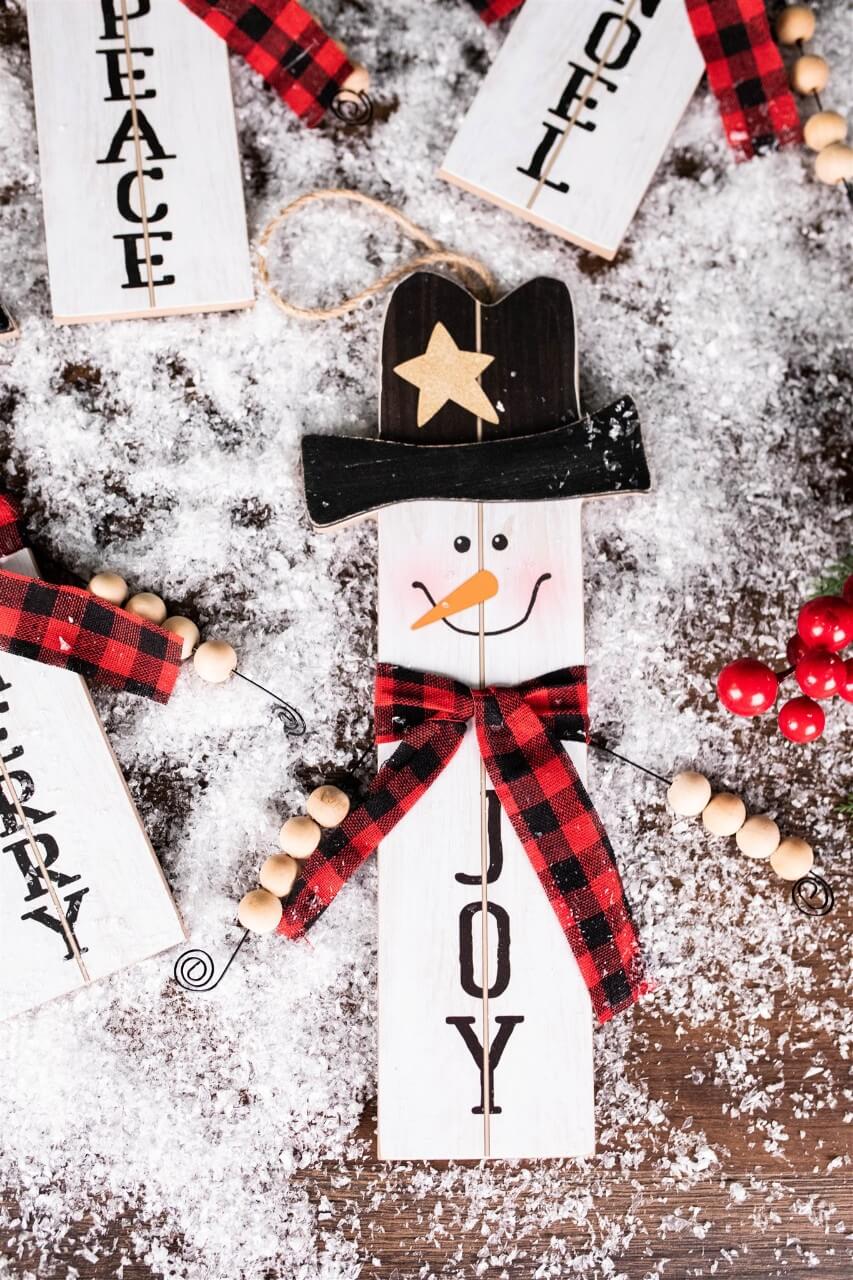11.8” Wood Snowman with Buffalo Check Plaid Scarf Ornament