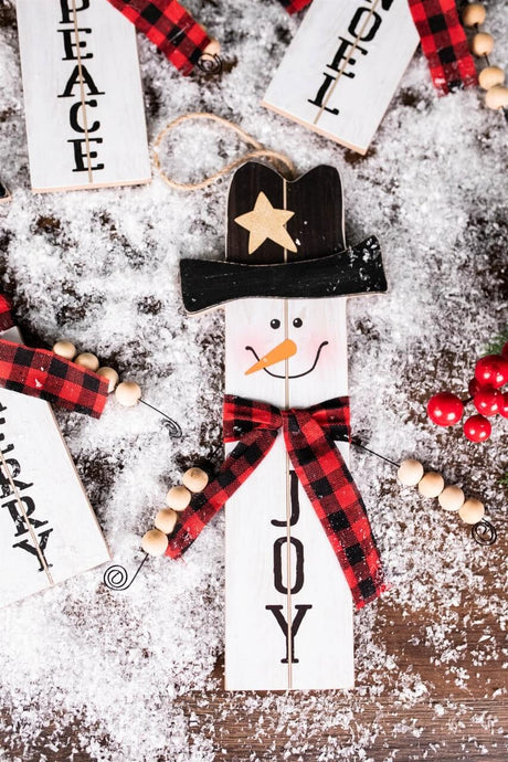 11.8” Wood Snowman with Buffalo Check Plaid Scarf Ornament