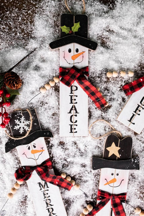 11.8” Wood Snowman with Buffalo Check Plaid Scarf Ornament