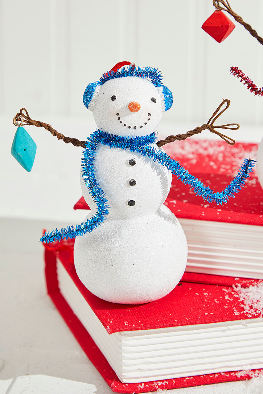 4" Resin Snowman with Blue/Red Earmuffs and Scarf Ornament