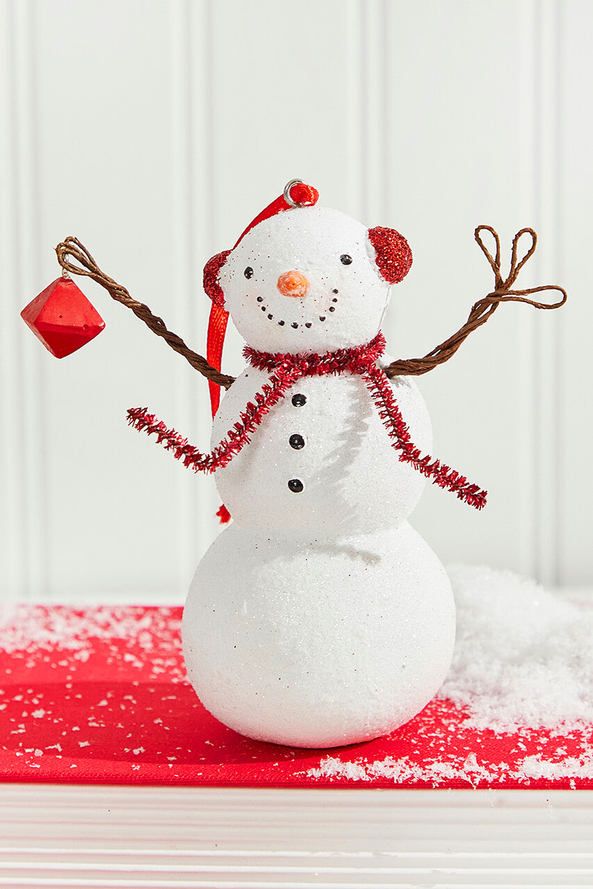 4" Resin Snowman with Blue/Red Earmuffs and Scarf Ornament