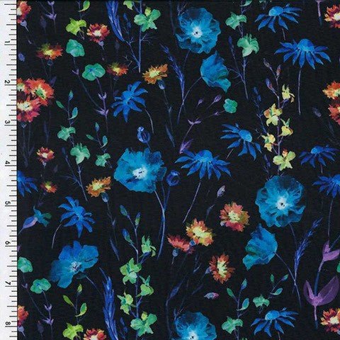 Printed Spandex Ascending Flowers Black and Blue