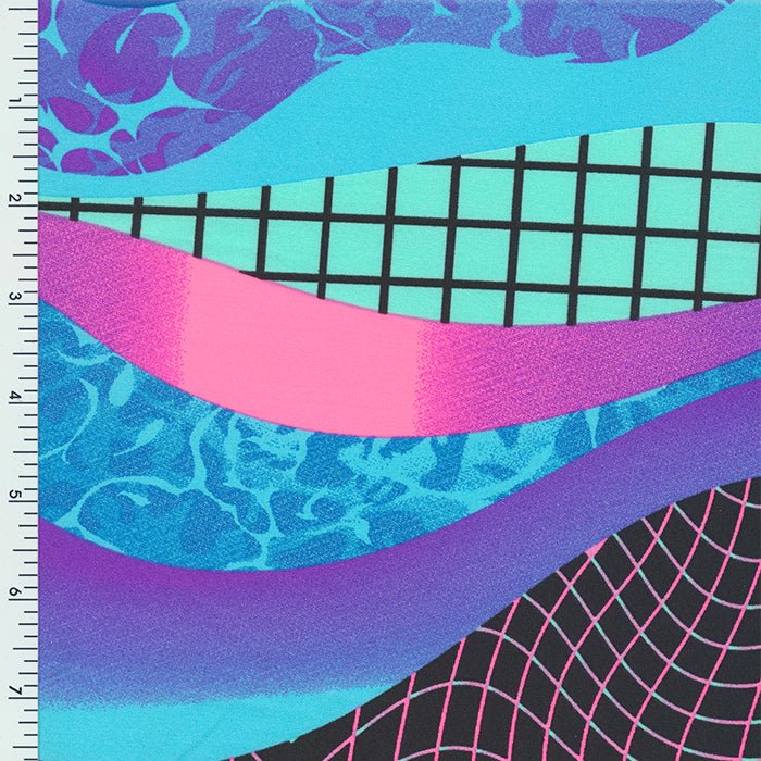 Printed Spandex GEO Waves Black Purple Blue Green