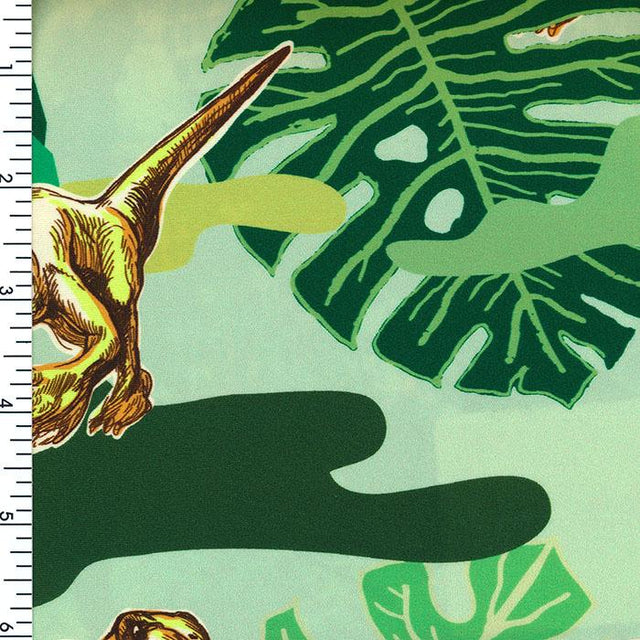 Printed Nylon Spandex Tricot Jurassic Island Green Yellow Forest