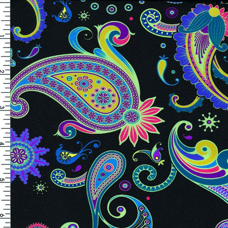 Printed Spandex Royal Paisley Black Green Blue Red