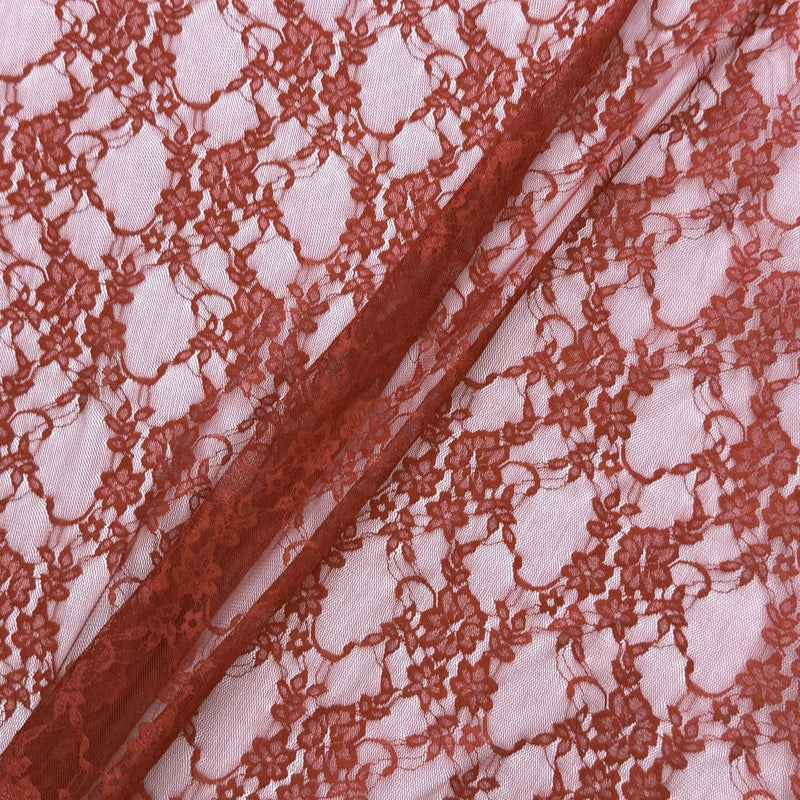 Spicy Red Nylon Spandex Fabric - Vintage Look Shimmery Floral Lace, Red, 58/60" Width (1 Yard)