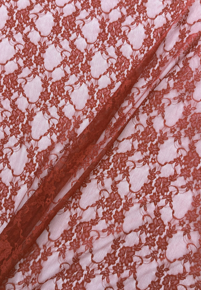Spicy Red Nylon Spandex Fabric - Vintage Look Shimmery Floral Lace, Red, 58/60" Width (1 Yard)