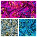 Splatter Foil Paint Metallic Print Nylon Spandex Fabric - Tie Dye, 4-Way Stretch, Fuchsia, Silver, Turquoise, 58-60" Width, 36" Length (1 Yard)