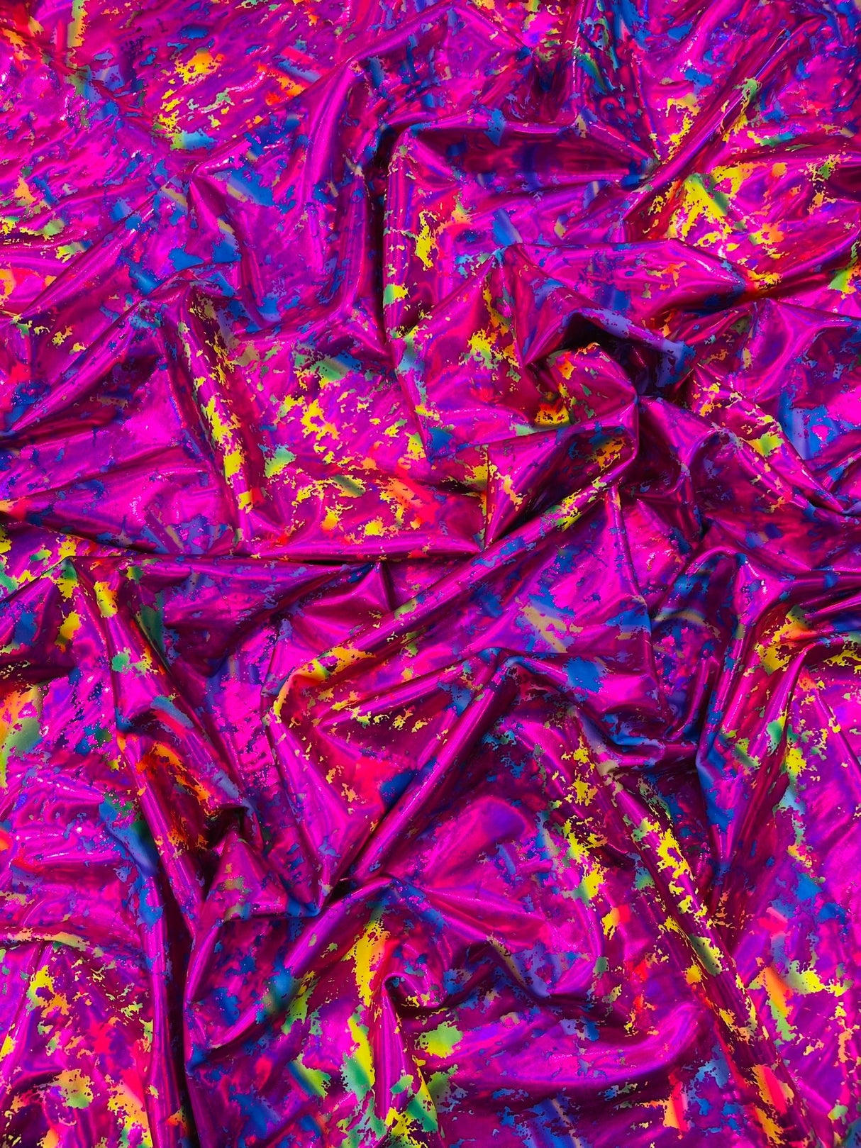 Splatter Foil Paint Metallic Print Nylon Spandex Fabric - Tie Dye, 4-Way Stretch, Fuchsia, Silver, Turquoise, 58-60" Width, 36" Length (1 Yard)
