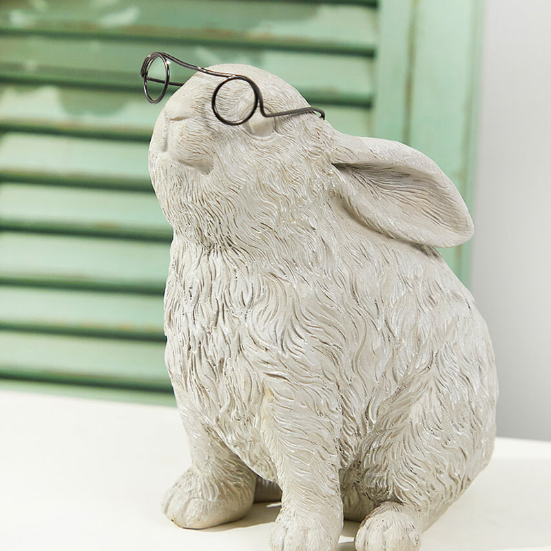 8" Resin Spectacle Bunny Figurine Whimsical Easter Spring Decor with Glasses Rustic Finish Accent for Mantels Tables and Seasonal Home Styling
