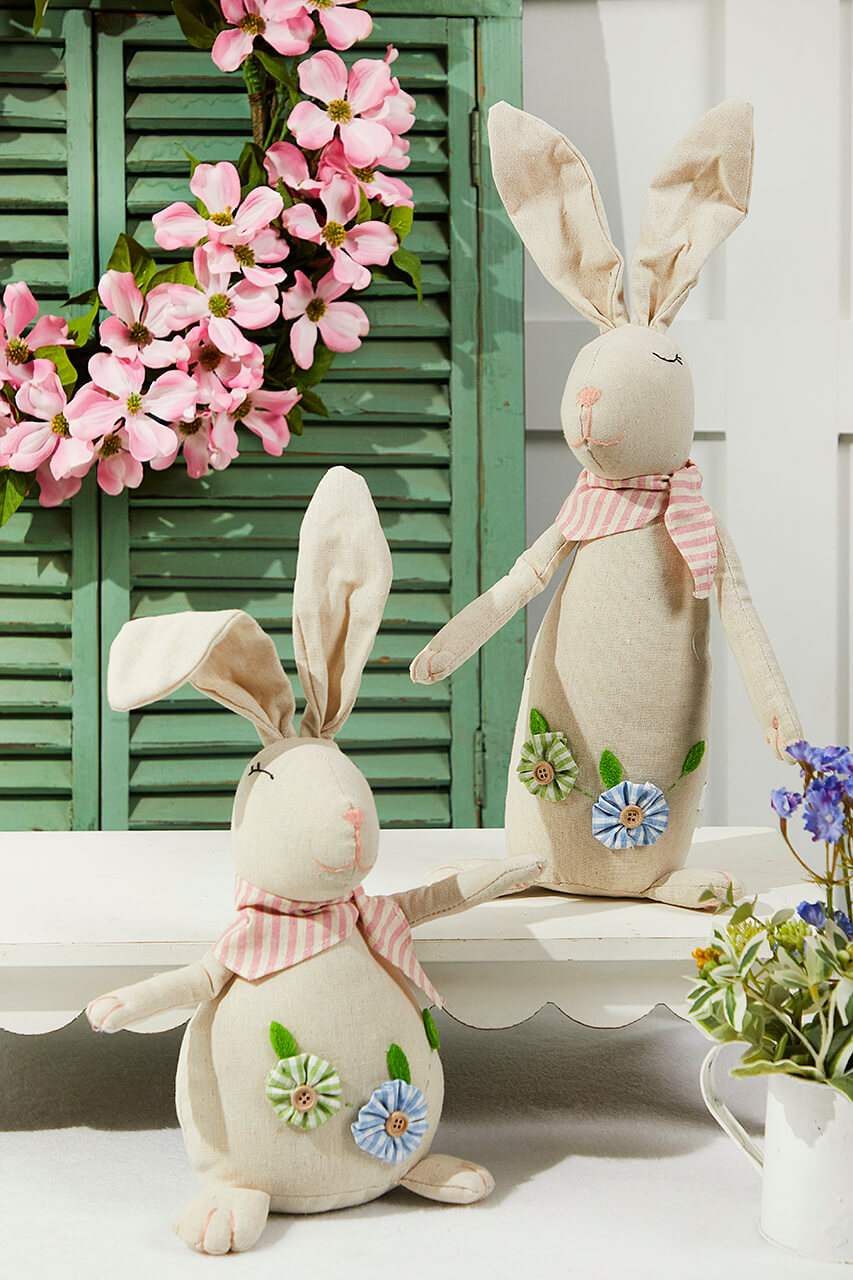 12" Polyester Bunny With Flowers - Set of 2