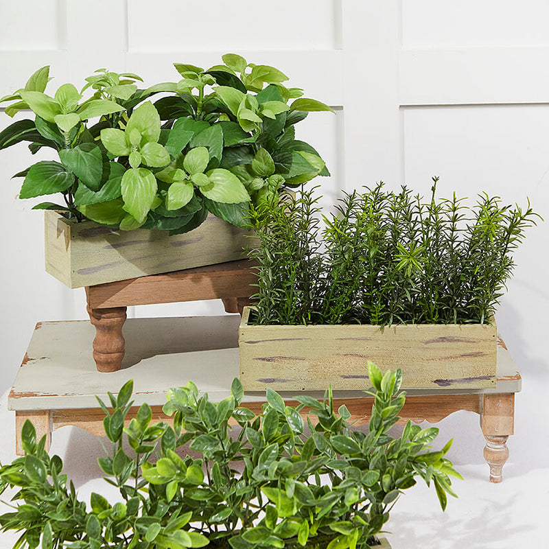 11 InchPlastic Herbs in Wooden Box Decorative Artificial Greenery Arrangement