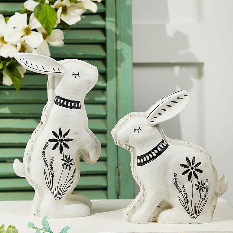 8 Inchto 10 Inch White with Black Bunny Resin Figure Set of 2 Decorative Easter Accent Pieces