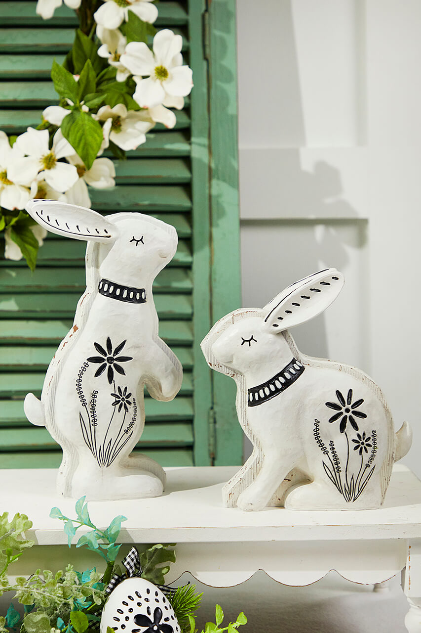 8" - 10" White With Black Bunny Resin Figure - Set of 2