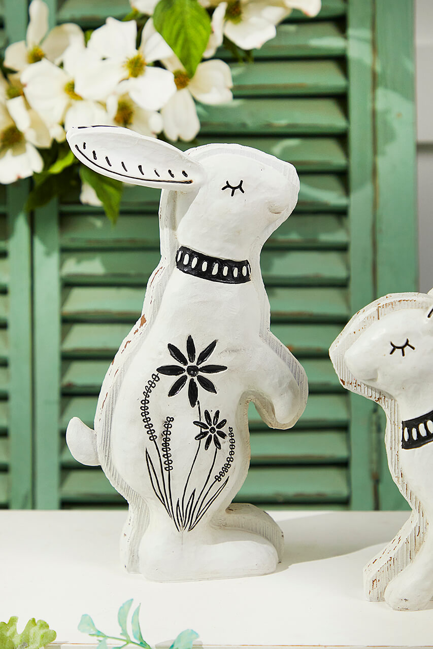 8" - 10" White With Black Bunny Resin Figure - Set of 2