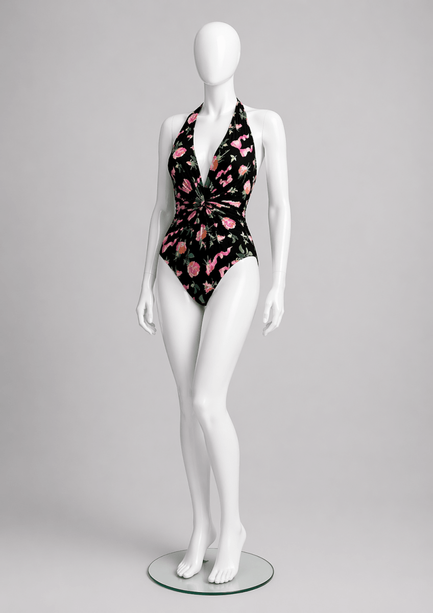 Printed Spandex Noir Rose Garden with Pink Ribbons