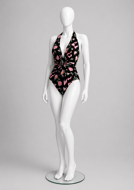 Printed Spandex Noir Rose Garden with Pink Ribbons