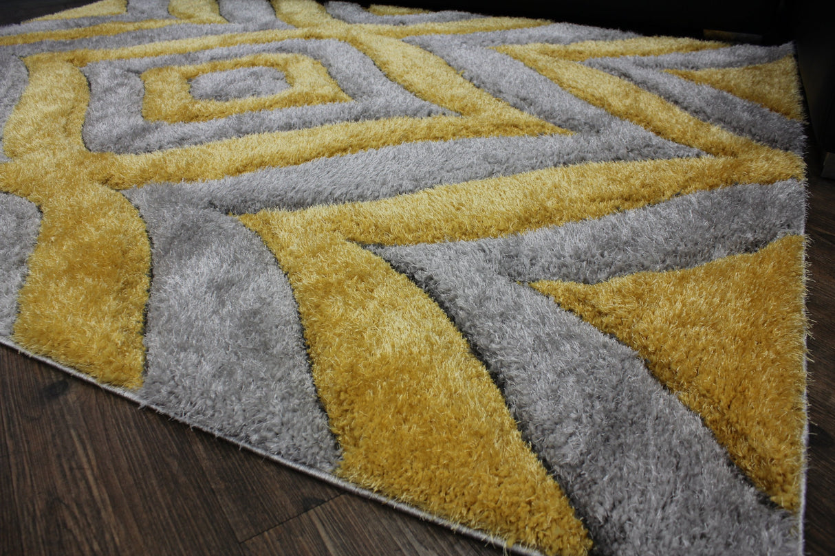 SR-721 Polyester Fabric - Plush Fluffy Shine 3D Geometric Design, Red/Silver/Yellow, 2' X 3", 5' 3" X 7' 5", 7' 6" X 10' 3" (1 Rug)