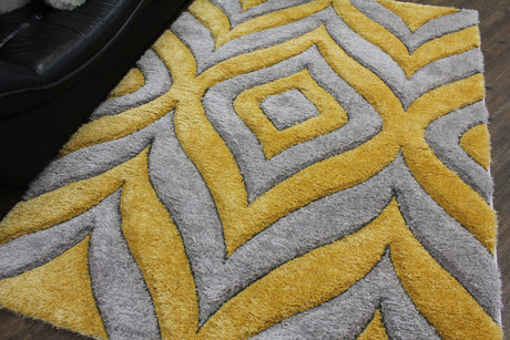 SR-721 Polyester Fabric - Plush Fluffy Shine 3D Geometric Design, Red/Silver/Yellow, 2' X 3", 5' 3" X 7' 5", 7' 6" X 10' 3" (1 Rug)