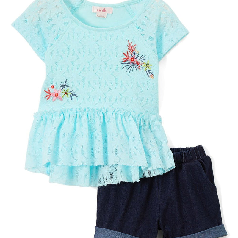 Lace Shirt Set Cotton Fabric - Floral Lace, Aqua, Lime, Pink, Sizes 2-4 (1 Set)